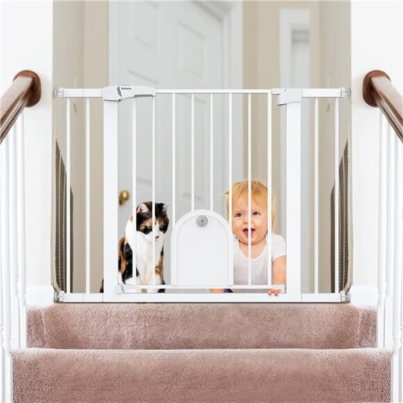 Auto Close Baby Gate with Small Cat Door, 29-43" Metal Cat Gate for Doorway - Picture 1 of 7